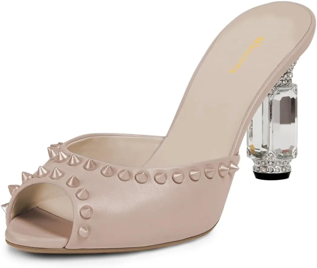 Women Graceful Studded Rivets Peep Toe Mules Crystal Mid Heel Slip On Ladies Fashion Casual Dress Shoes Size 4-16 US