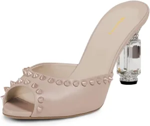 Women Graceful Studded Rivets Peep Toe Mules Crystal Mid Heel Slip On Ladies Fashion Casual Dress Shoes Size 4-16 US