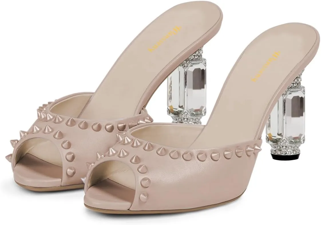 Women Graceful Studded Rivets Peep Toe Mules Crystal Mid Heel Slip On Ladies Fashion Casual Dress Shoes Size 4-16 US