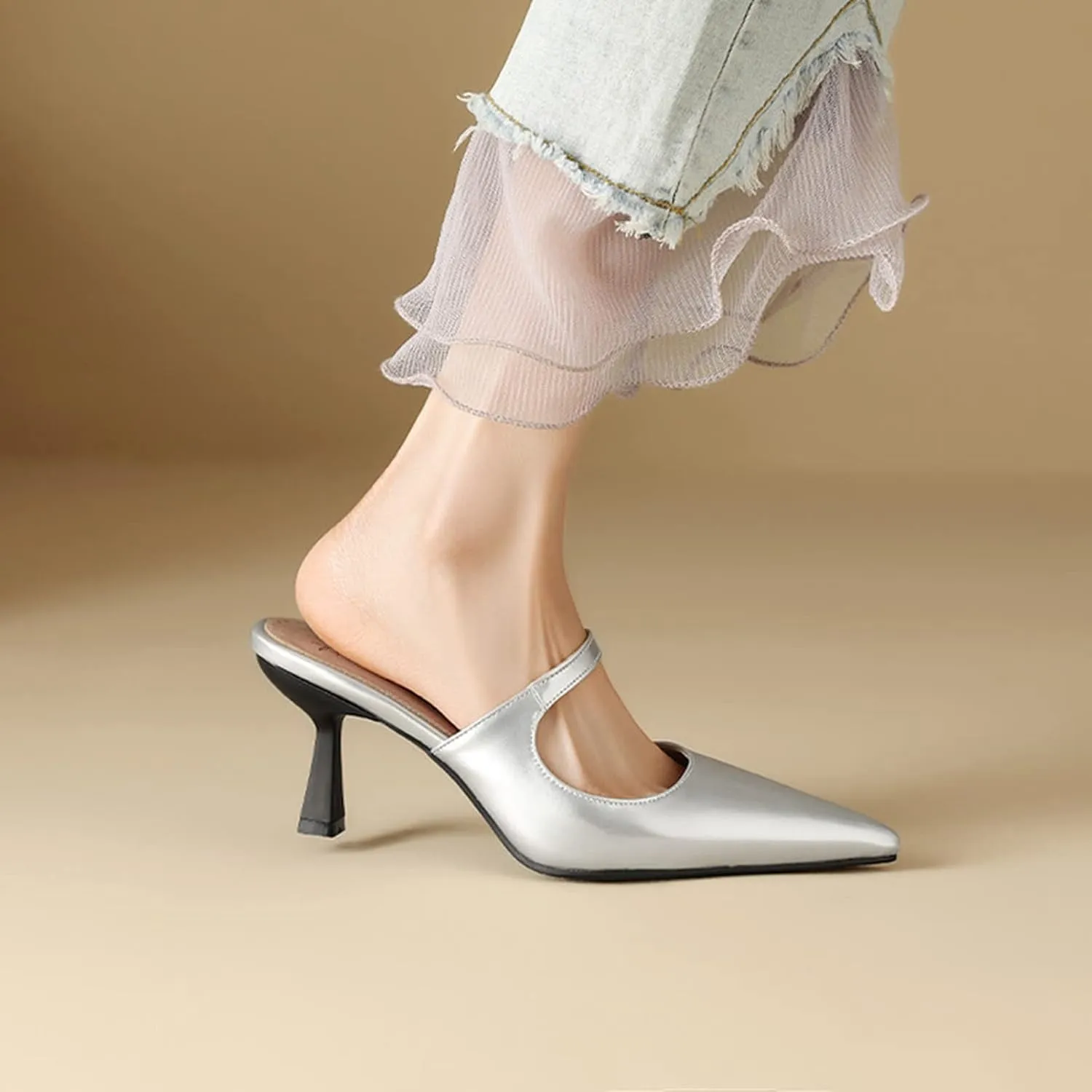 Women Kitten High Heel Mules Sandals Slip On Patent PU Leather Fashion Pointed Toe Backless Slide Pumps