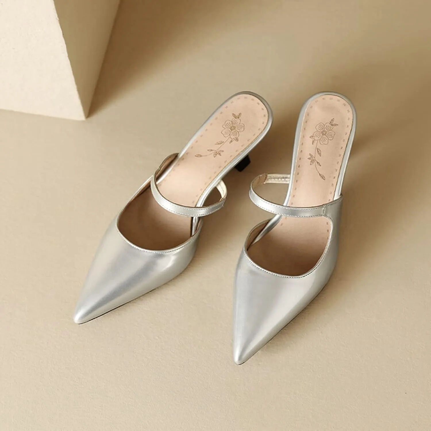 Women Kitten High Heel Mules Sandals Slip On Patent PU Leather Fashion Pointed Toe Backless Slide Pumps