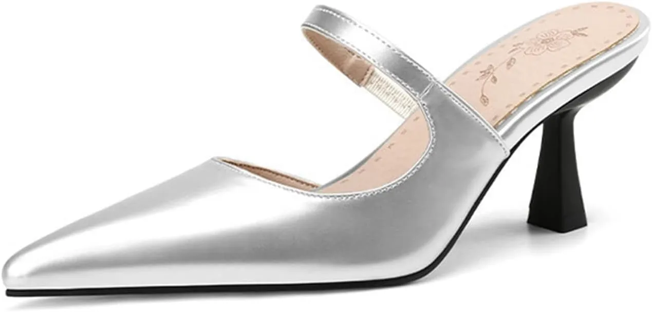 Women Kitten High Heel Mules Sandals Slip On Patent PU Leather Fashion Pointed Toe Backless Slide Pumps