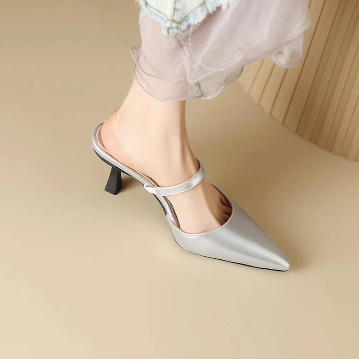 Women Kitten High Heel Mules Sandals Slip On Patent PU Leather Fashion Pointed Toe Backless Slide Pumps
