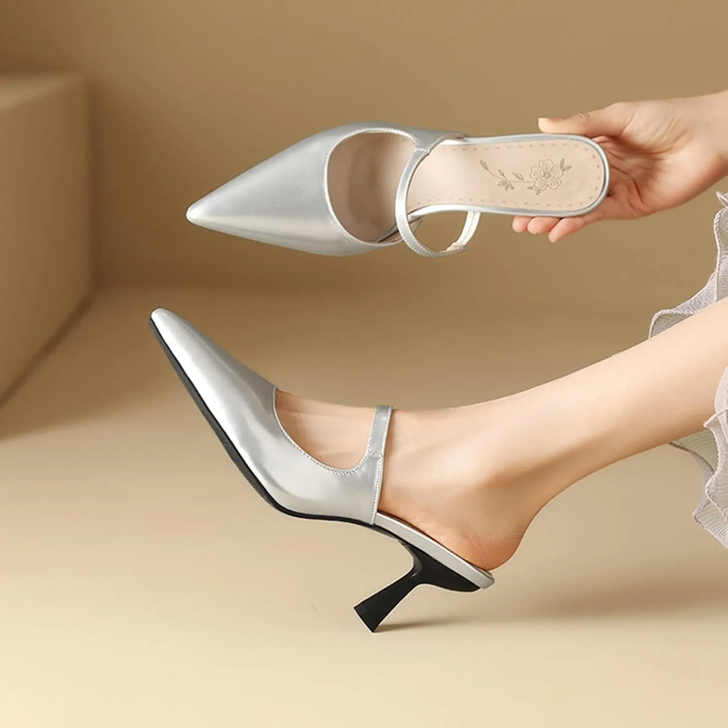 Women Kitten High Heel Mules Sandals Slip On Patent PU Leather Fashion Pointed Toe Backless Slide Pumps