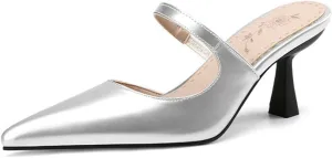Women Kitten High Heel Mules Sandals Slip On Patent PU Leather Fashion Pointed Toe Backless Slide Pumps
