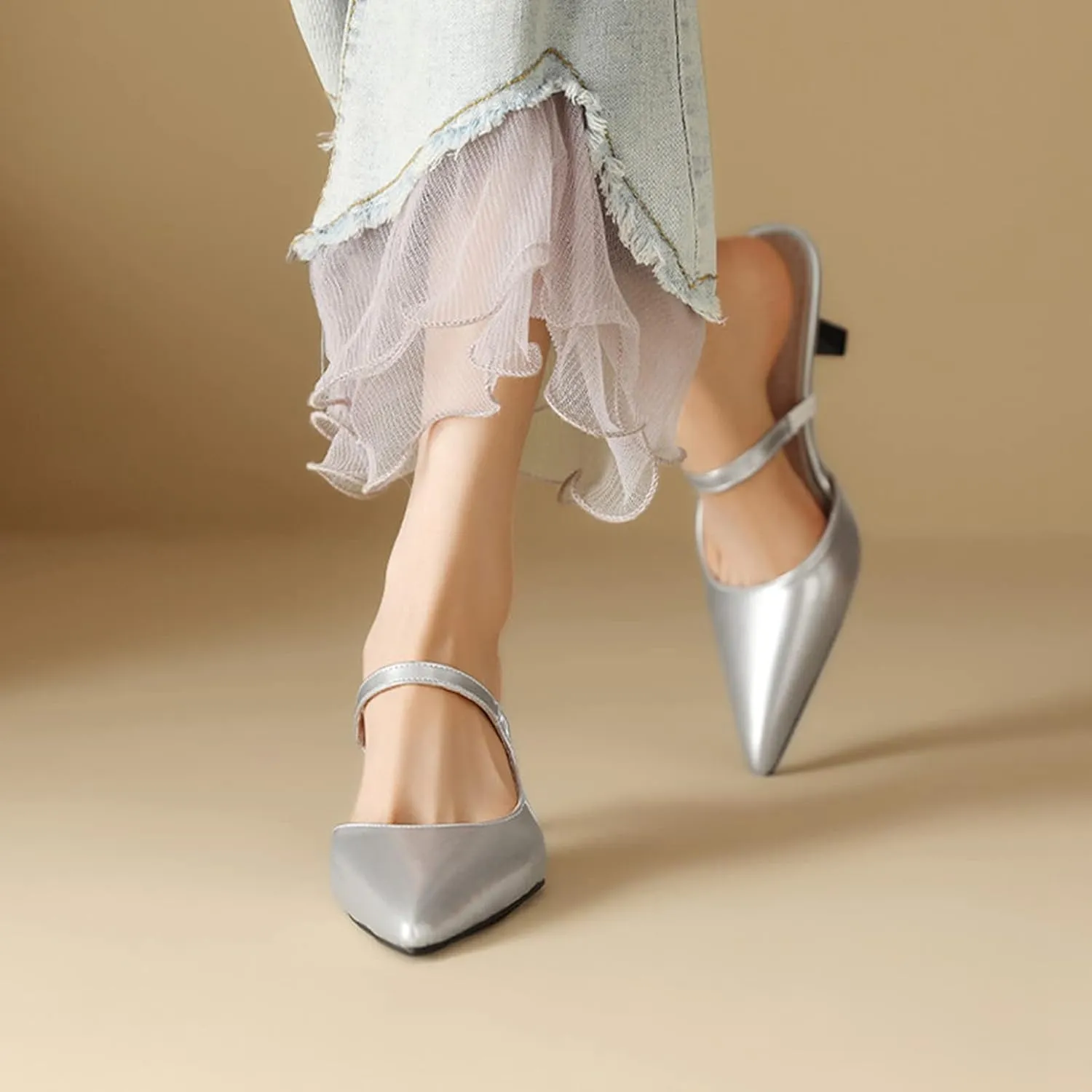 Women Kitten High Heel Mules Sandals Slip On Patent PU Leather Fashion Pointed Toe Backless Slide Pumps