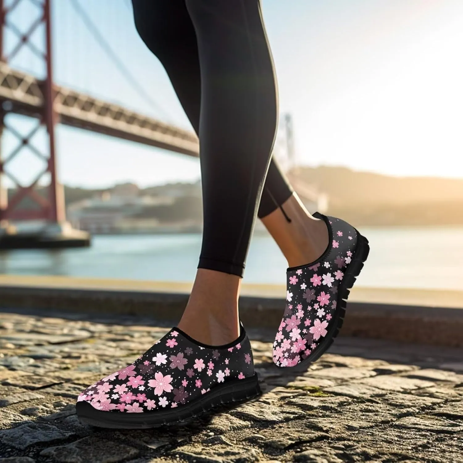 Women Low-Cut Shoes No Laces Floral Print Loafers Breathable and Non-Slip Lightweight Slip-On Casual Shoe Black Sole Size 5.5-11.5