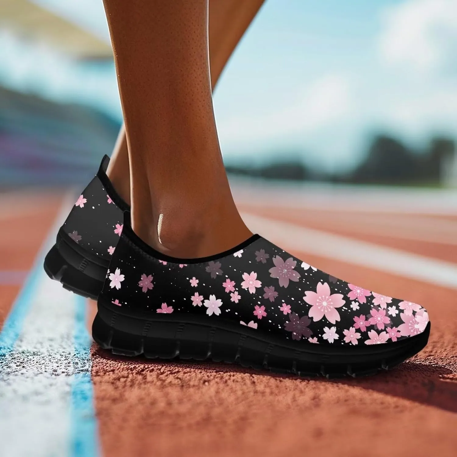 Women Low-Cut Shoes No Laces Floral Print Loafers Breathable and Non-Slip Lightweight Slip-On Casual Shoe Black Sole Size 5.5-11.5