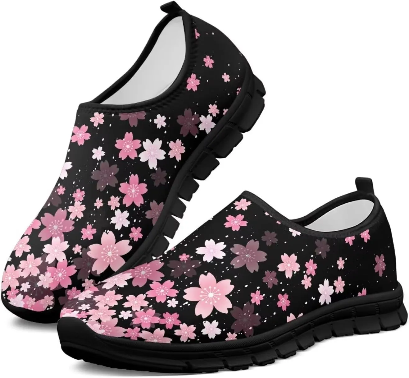 Women Low-Cut Shoes No Laces Floral Print Loafers Breathable and Non-Slip Lightweight Slip-On Casual Shoe Black Sole Size 5.5-11.5