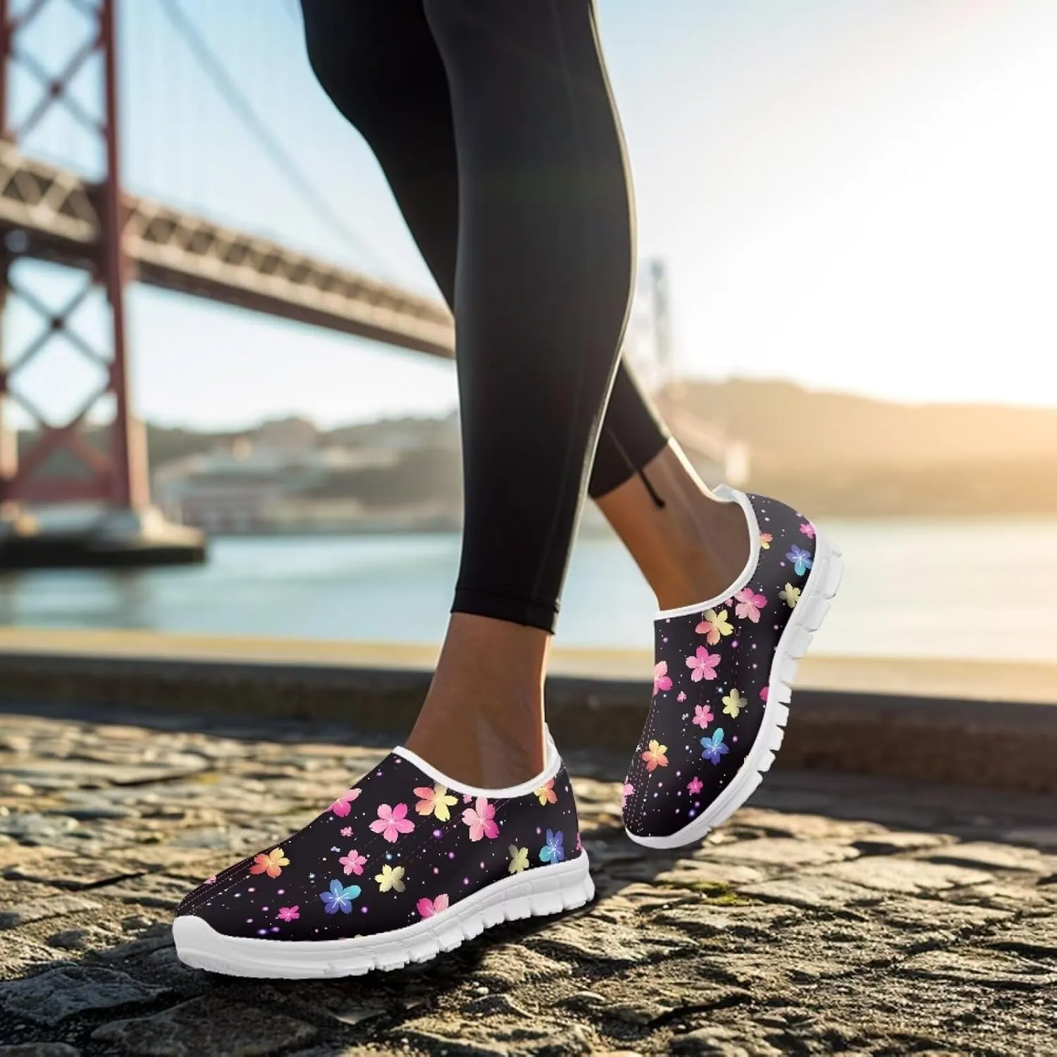 Women Low-Cut Shoes No Laces Floral Print Loafers Breathable and Non-Slip Lightweight Slip-On Casual Shoe White Sole Size 5.5-11.5
