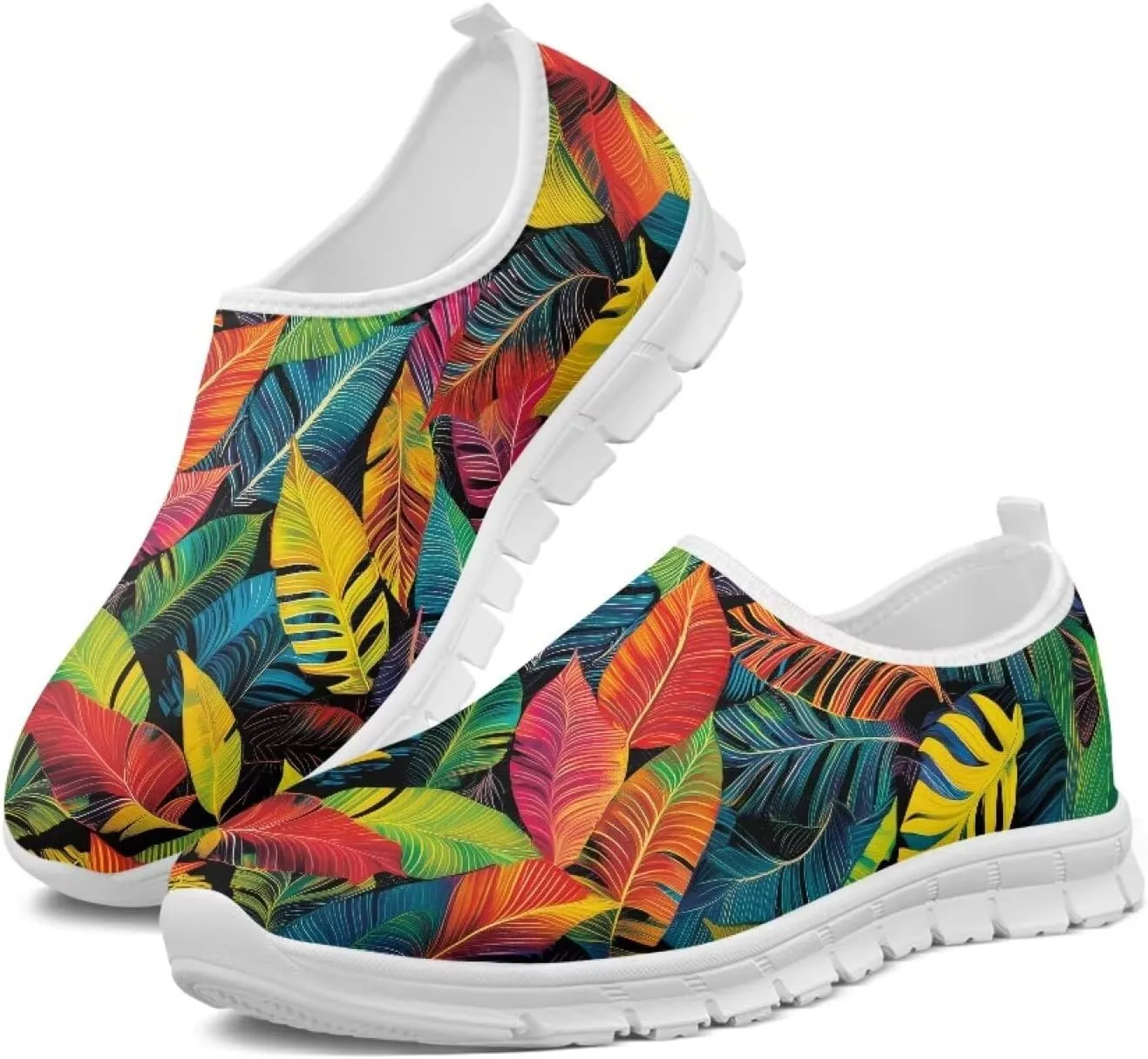 Women Low-Cut Shoes No Laces Floral Print Loafers Breathable and Non-Slip Lightweight Slip-On Casual Shoe White Sole Size 5.5-11.5