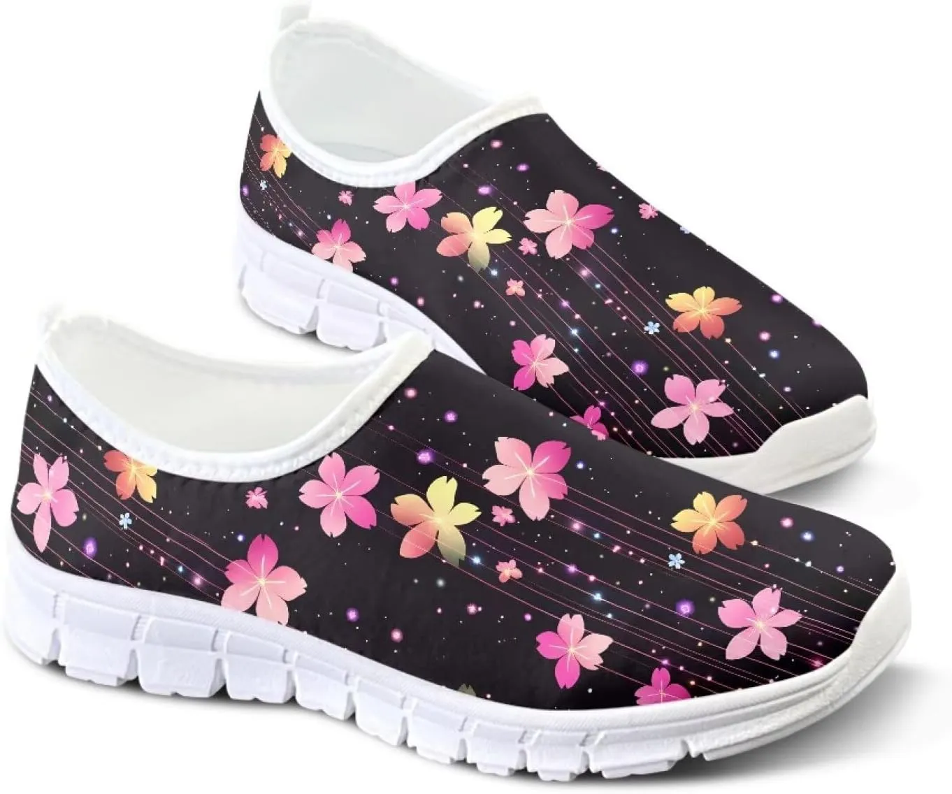 Women Low-Cut Shoes No Laces Floral Print Loafers Breathable and Non-Slip Lightweight Slip-On Casual Shoe White Sole Size 5.5-11.5