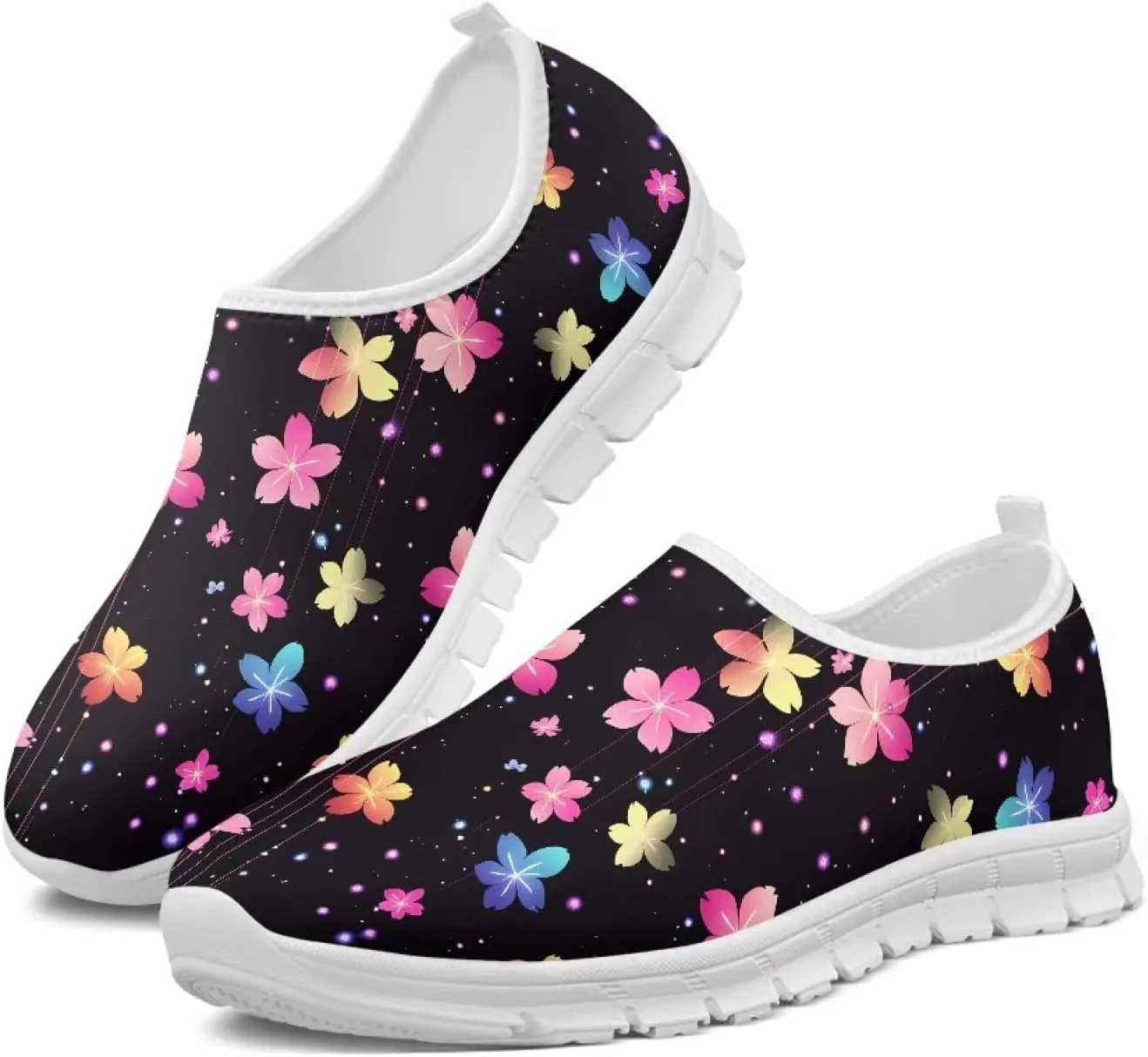 Women Low-Cut Shoes No Laces Floral Print Loafers Breathable and Non-Slip Lightweight Slip-On Casual Shoe White Sole Size 5.5-11.5