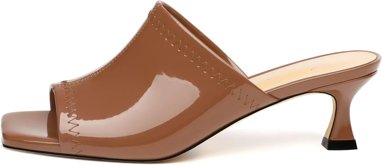 Women Low Kitten Heel Open Square Toe Mules Shoes Patent Slip on Dating Casual Sandals for Women 2 Inch