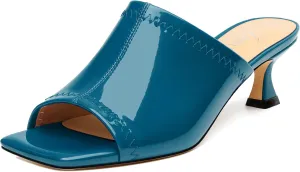 Women Low Kitten Heel Open Square Toe Mules Shoes Patent Slip on Dating Casual Sandals for Women 2 Inch