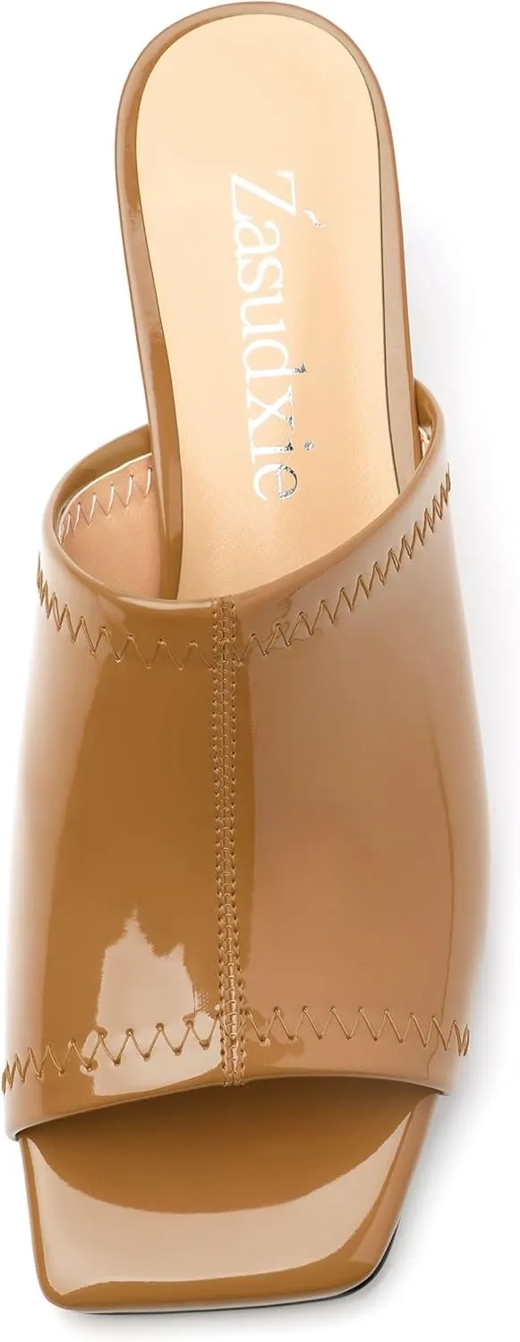 Women Low Kitten Heel Open Square Toe Mules Shoes Patent Slip on Dating Casual Sandals for Women 2 Inch