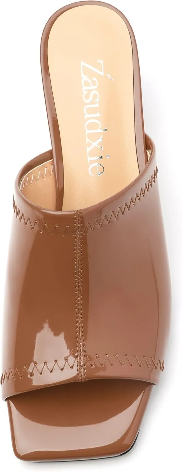 Women Low Kitten Heel Open Square Toe Mules Shoes Patent Slip on Dating Casual Sandals for Women 2 Inch