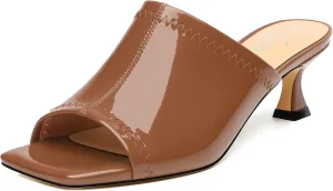 Women Low Kitten Heel Open Square Toe Mules Shoes Patent Slip on Dating Casual Sandals for Women 2 Inch