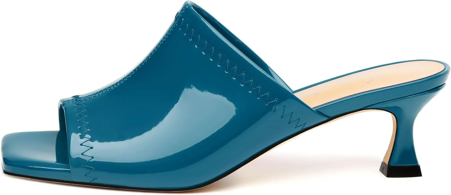 Women Low Kitten Heel Open Square Toe Mules Shoes Patent Slip on Dating Casual Sandals for Women 2 Inch