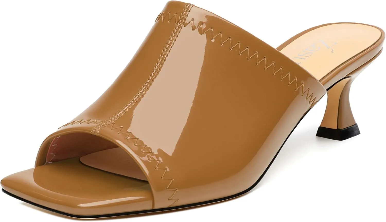 Women Low Kitten Heel Open Square Toe Mules Shoes Patent Slip on Dating Casual Sandals for Women 2 Inch