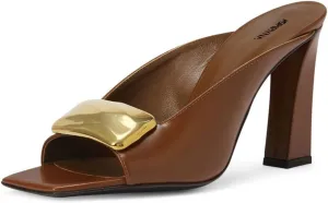 Women Open Square Toe Slip on Mules Metal Ornament High Chunky Heels Fashion Dress Party Slide Sandals Size 4-16 US