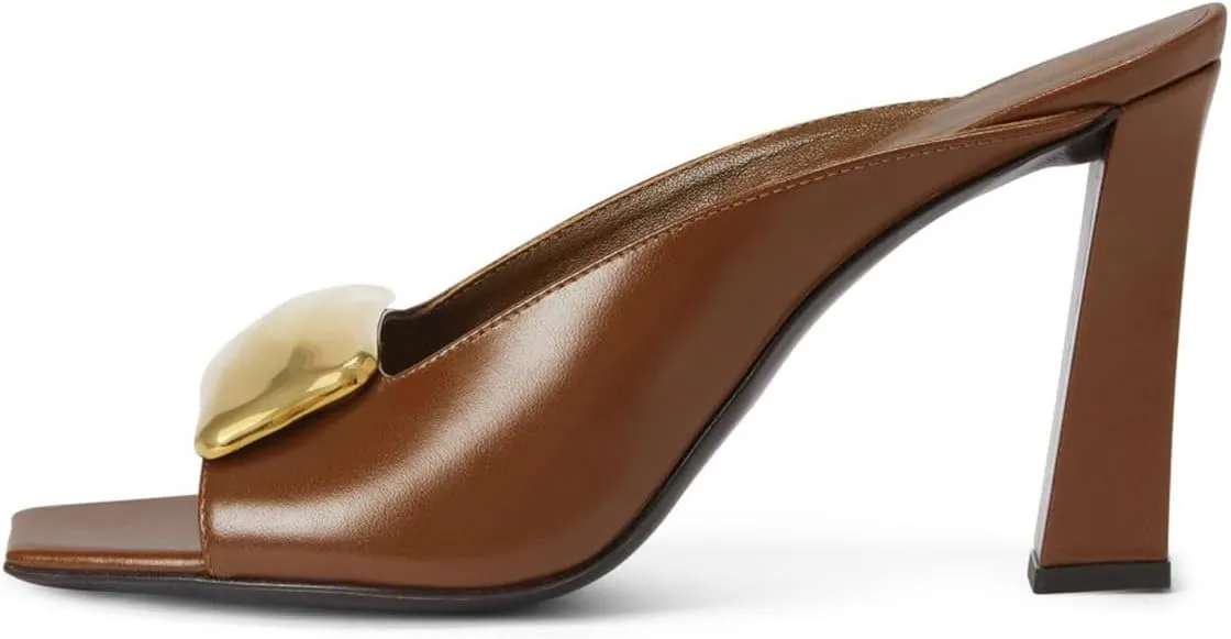 Women Open Square Toe Slip on Mules Metal Ornament High Chunky Heels Fashion Dress Party Slide Sandals Size 4-16 US