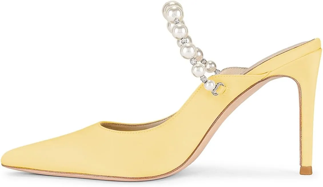 Women Pointy Toe Slip on Satin Mules Pearl Beaded Stiletto High Heel Slide Sandals Dainty Party Club Date Shoes Size 4-16 US