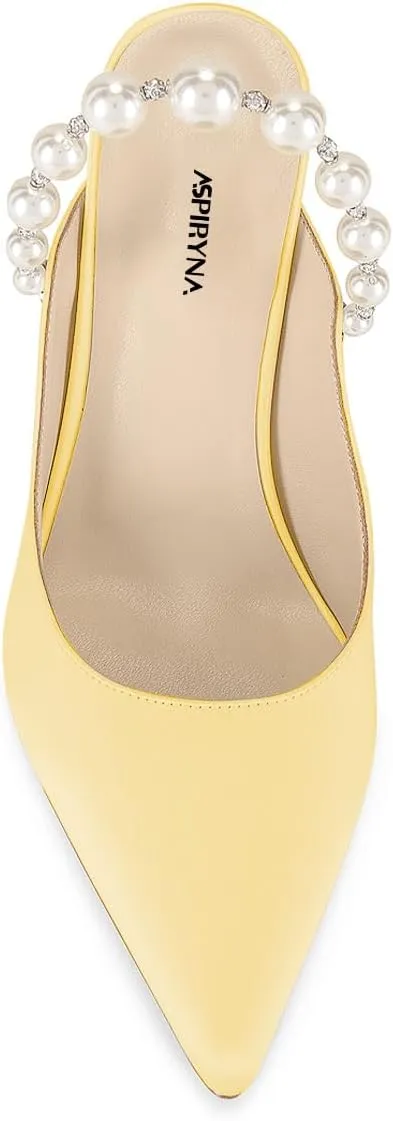 Women Pointy Toe Slip on Satin Mules Pearl Beaded Stiletto High Heel Slide Sandals Dainty Party Club Date Shoes Size 4-16 US