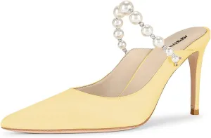 Women Pointy Toe Slip on Satin Mules Pearl Beaded Stiletto High Heel Slide Sandals Dainty Party Club Date Shoes Size 4-16 US
