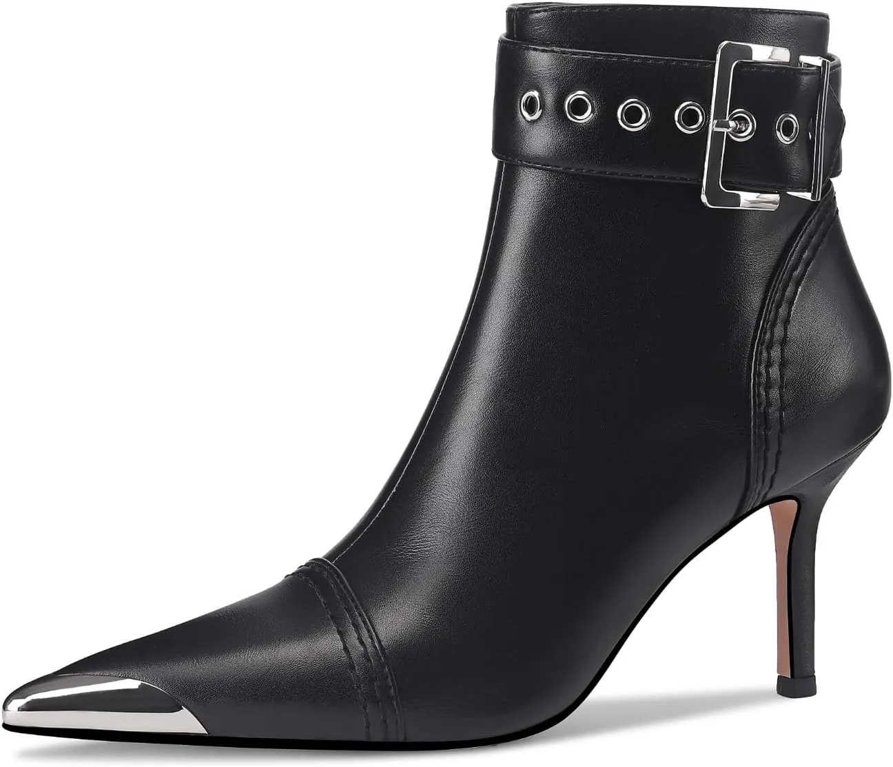 Women's Ankel Booties Metal Pointed Toe High Stilettos Heels Short Boots Belt Buckle Slide Zipper Trendey Show Dress Boots