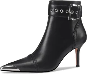 Women's Ankel Booties Metal Pointed Toe High Stilettos Heels Short Boots Belt Buckle Slide Zipper Trendey Show Dress Boots