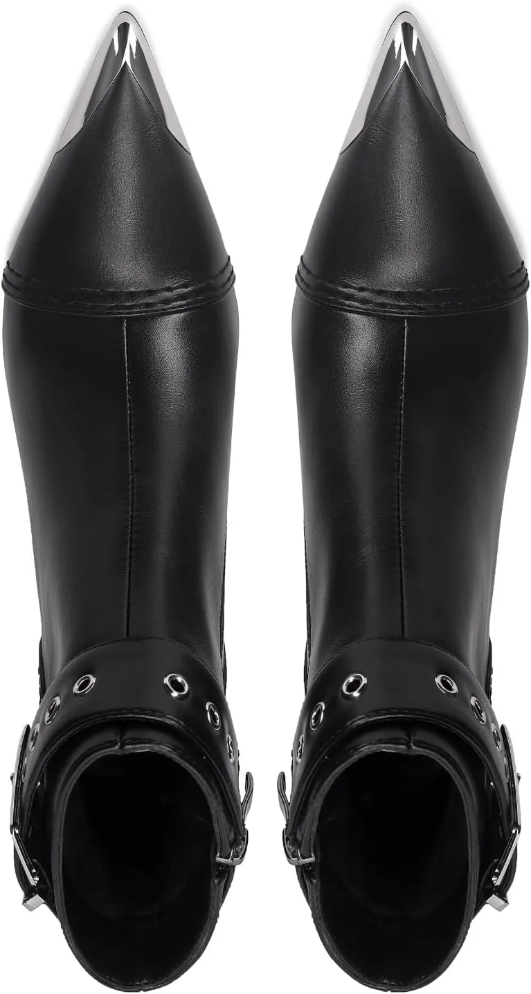 Women's Ankel Booties Metal Pointed Toe High Stilettos Heels Short Boots Belt Buckle Slide Zipper Trendey Show Dress Boots