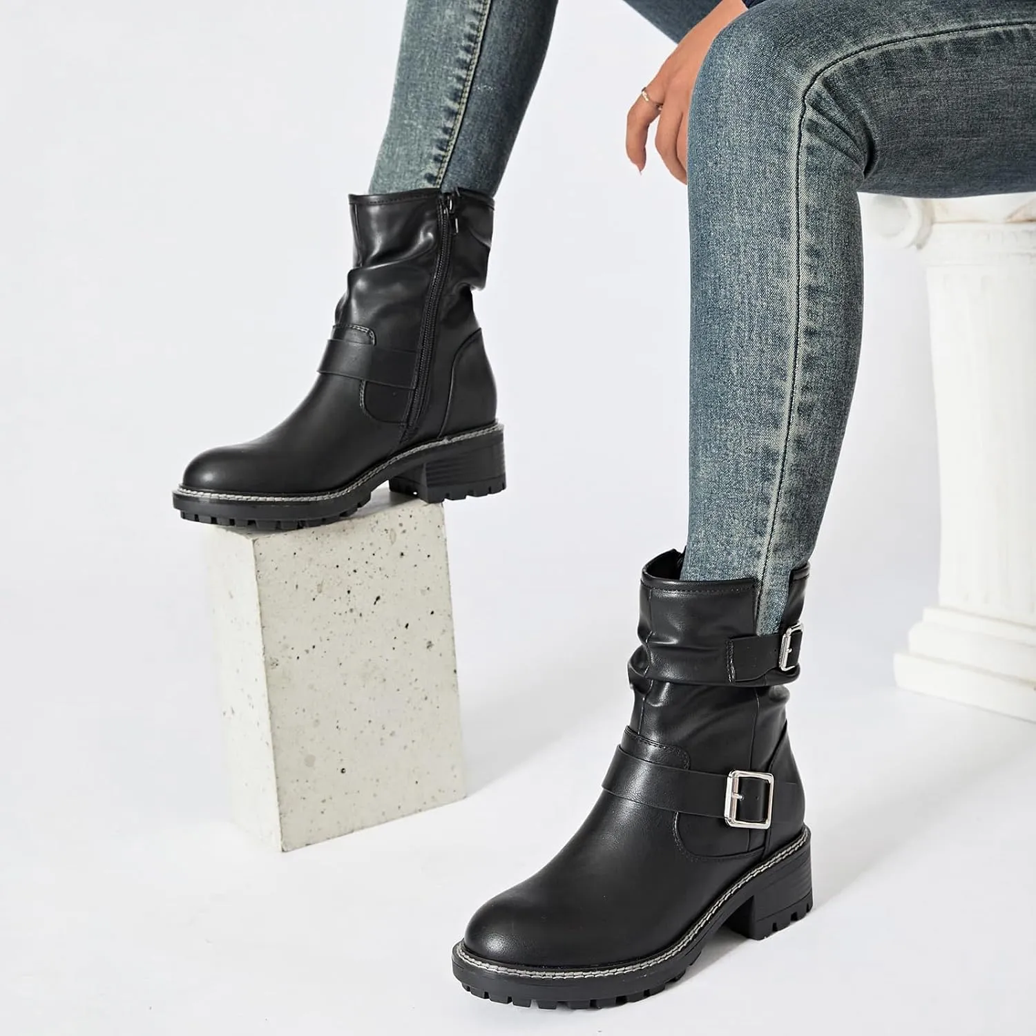 Women's Ankle Boots Slouchy Flat Ladies Booties Low Chunky Heeled Riding Combat Boot Comfortable Casual Round Toe Short Boots for Women.