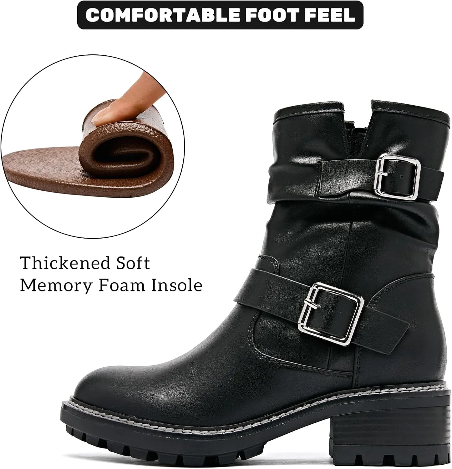 Women's Ankle Boots Slouchy Flat Ladies Booties Low Chunky Heeled Riding Combat Boot Comfortable Casual Round Toe Short Boots for Women.