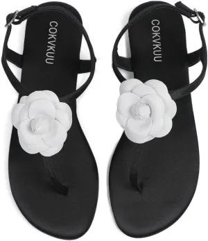 Women's Black Satin Floral Sandals with T-Strap, Herringbone Sole Fashionable and comfortable satin sandals for beach party shopping