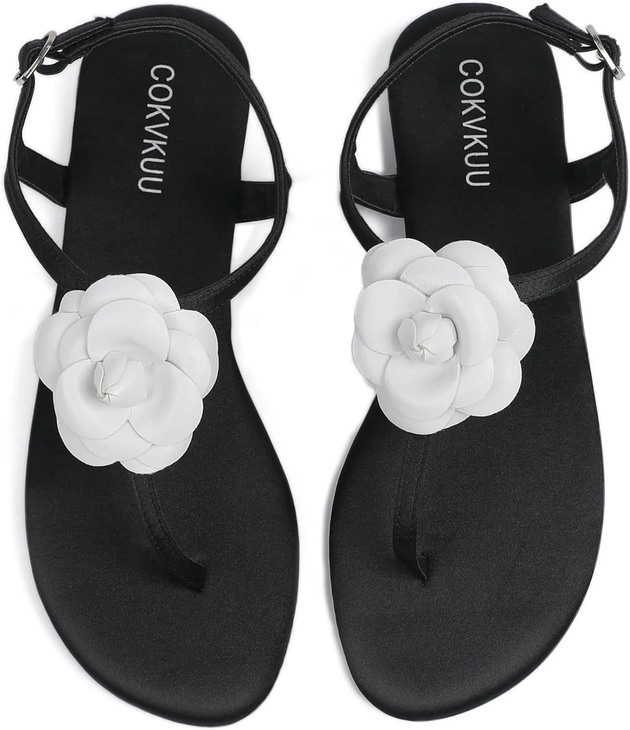 Women's Black Satin Floral Sandals with T-Strap, Herringbone Sole Fashionable and comfortable satin sandals for beach party shopping