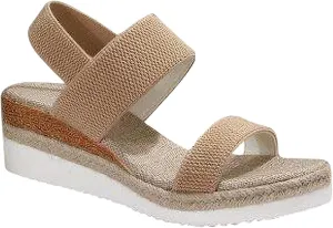Womens Bohemian Wedge Sandals Hemp Rope Open Toe Thick Sole Sandal with Back Strap, Summer Dressy Casual Shoes