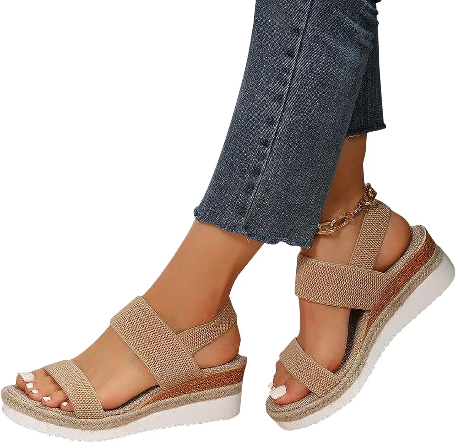 Womens Bohemian Wedge Sandals Hemp Rope Open Toe Thick Sole Sandal with Back Strap, Summer Dressy Casual Shoes