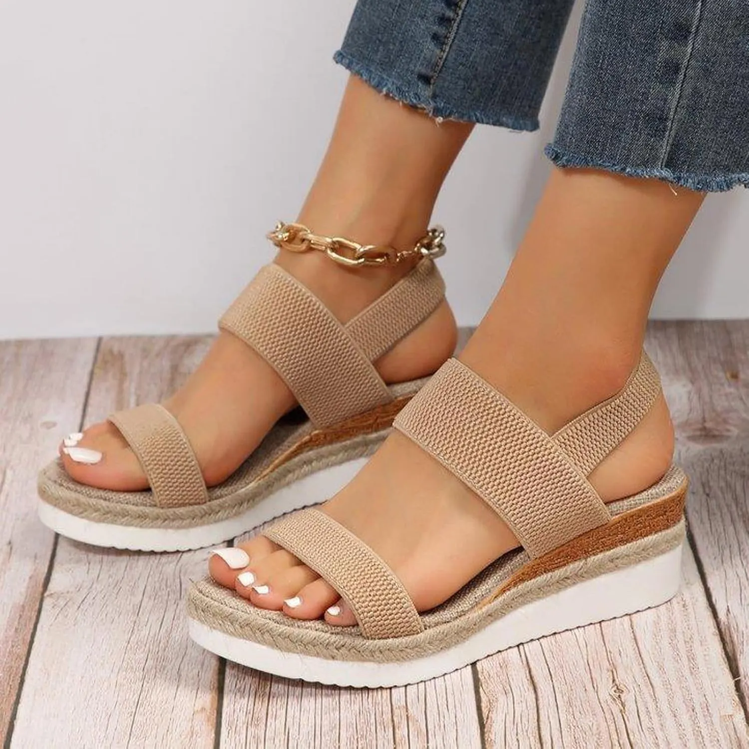 Womens Bohemian Wedge Sandals Hemp Rope Open Toe Thick Sole Sandal with Back Strap, Summer Dressy Casual Shoes