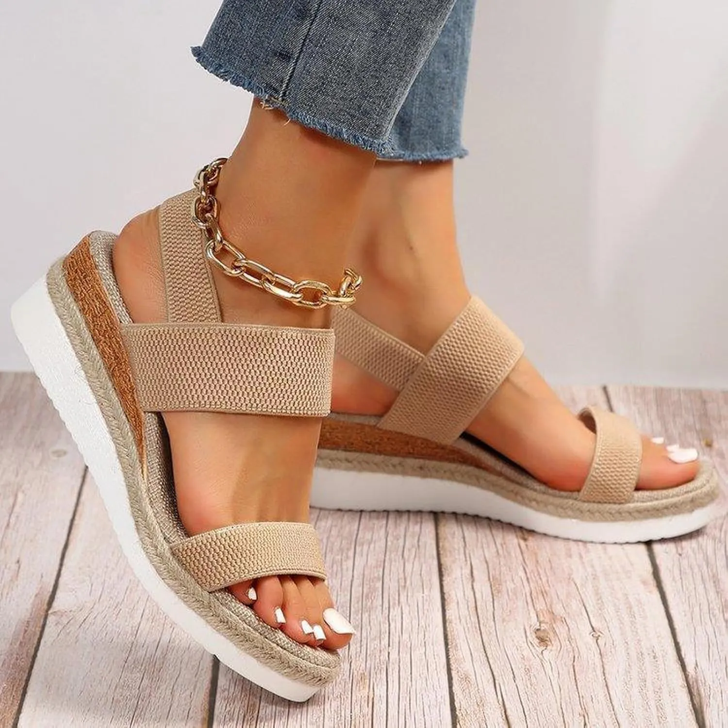Womens Bohemian Wedge Sandals Hemp Rope Open Toe Thick Sole Sandal with Back Strap, Summer Dressy Casual Shoes