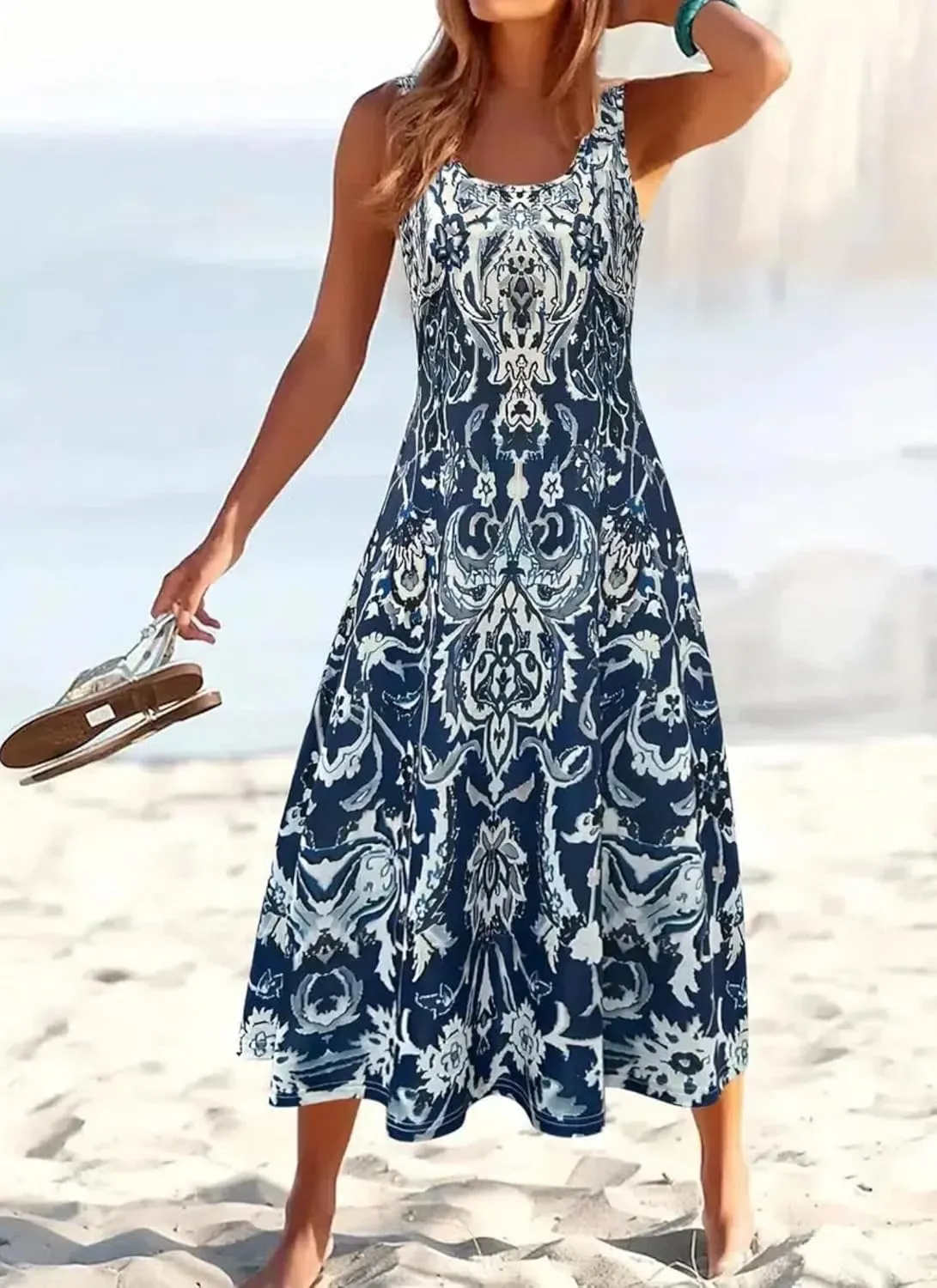 Women's Boho Floral Print Maxi Dress Summer Elegant Strap Sleeveless Swim Beach Party Casual Dress