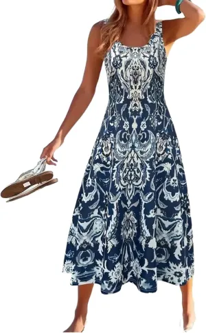Women's Boho Floral Print Maxi Dress Summer Elegant Strap Sleeveless Swim Beach Party Casual Dress