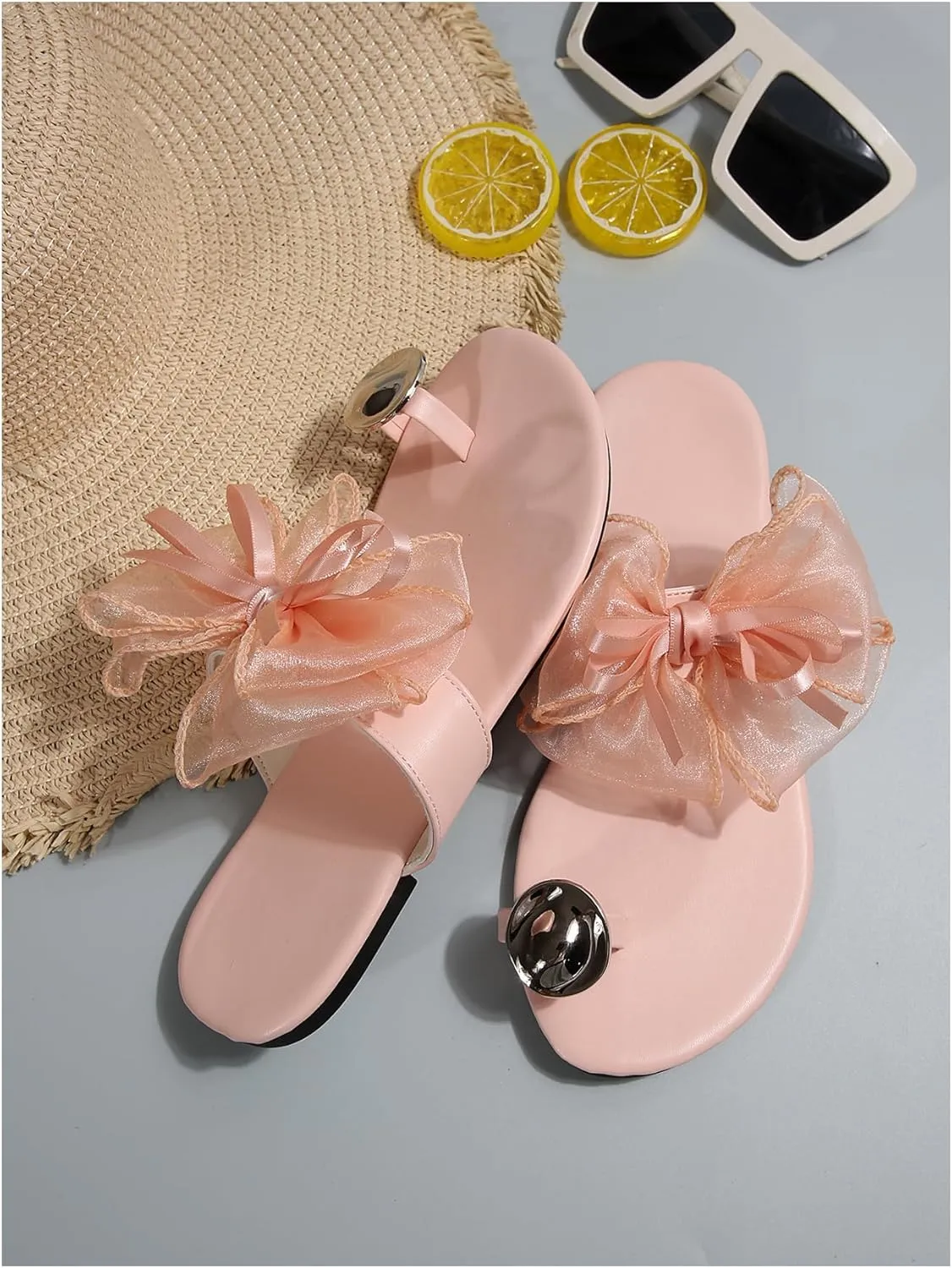 Women's Bow Flat Sandals Toe Ring Thong Sandals Open Toe Slip On Dressy Flip Flops Summer Vacation Beach Shoes