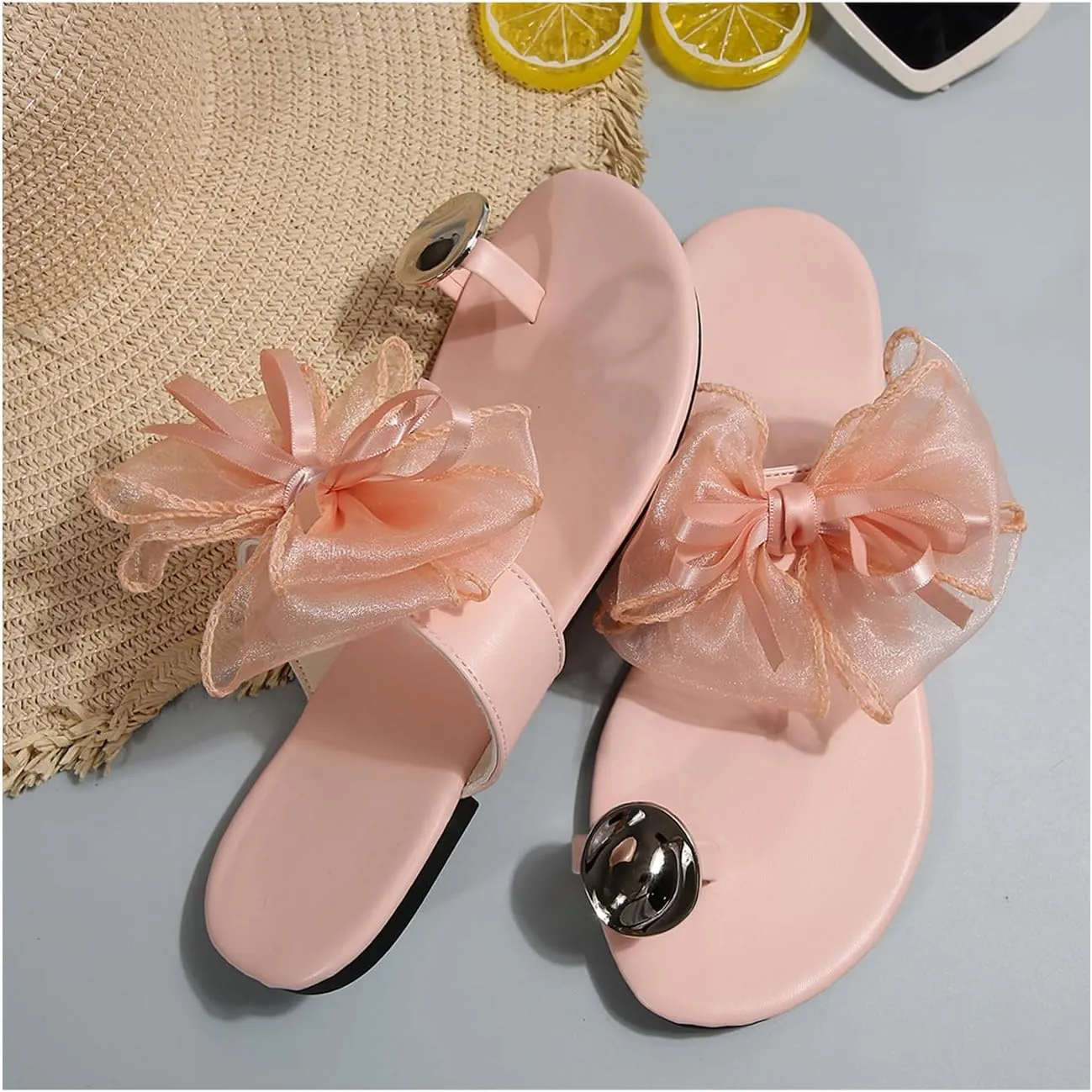 Women's Bow Flat Sandals Toe Ring Thong Sandals Open Toe Slip On Dressy Flip Flops Summer Vacation Beach Shoes