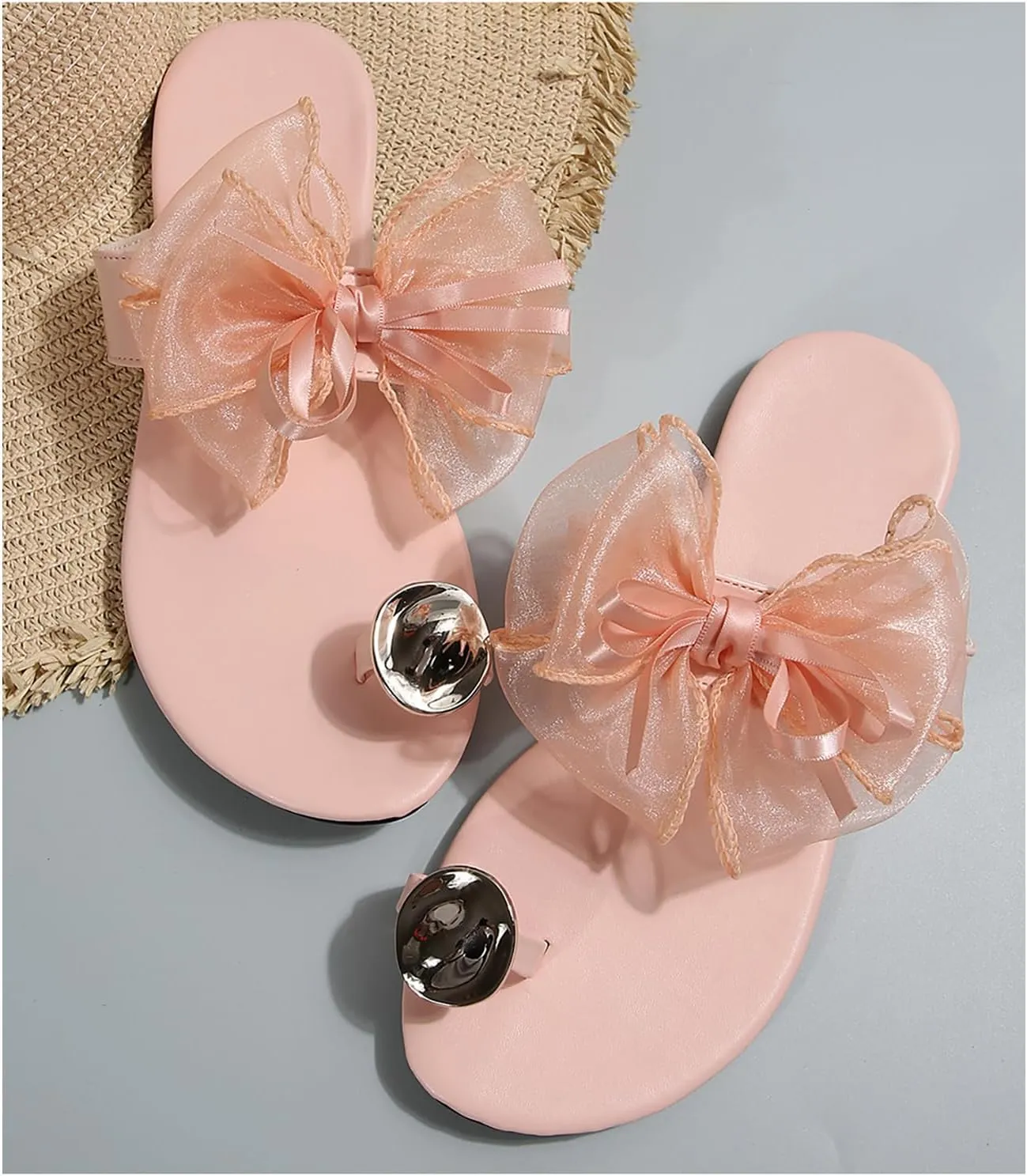 Women's Bow Flat Sandals Toe Ring Thong Sandals Open Toe Slip On Dressy Flip Flops Summer Vacation Beach Shoes