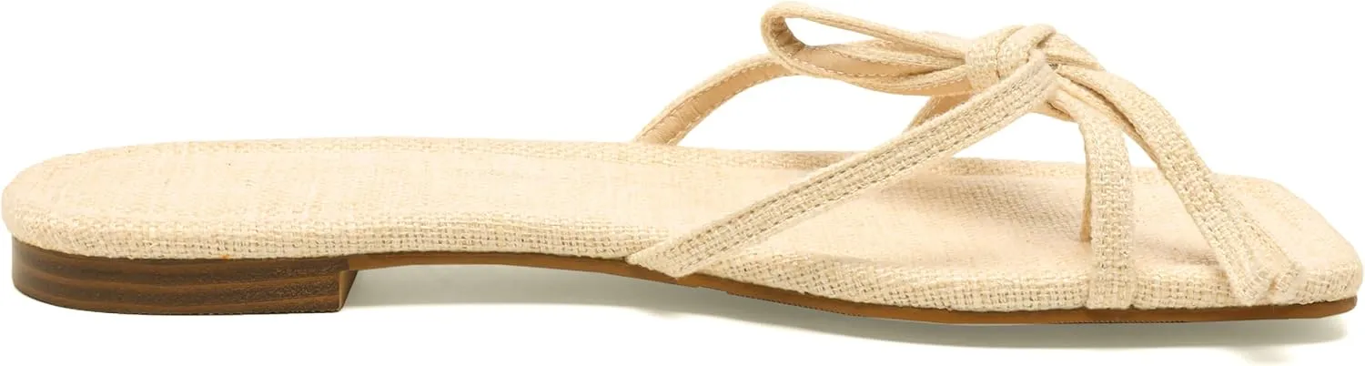 Women's Bow Flat Summer Flip Flop Sandals,Ladies brown Comfortable Square Toe Slide on Slippers Strappy Slides Trendy Dressy Casual Fancy Beach Holiday Outdoor Shoe
