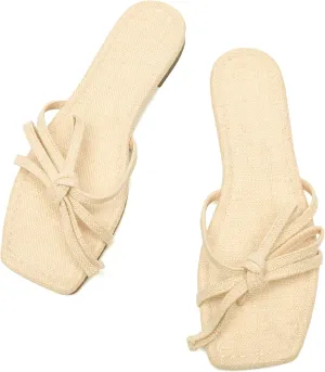 Women's Bow Flat Summer Flip Flop Sandals,Ladies brown Comfortable Square Toe Slide on Slippers Strappy Slides Trendy Dressy Casual Fancy Beach Holiday Outdoor Shoe