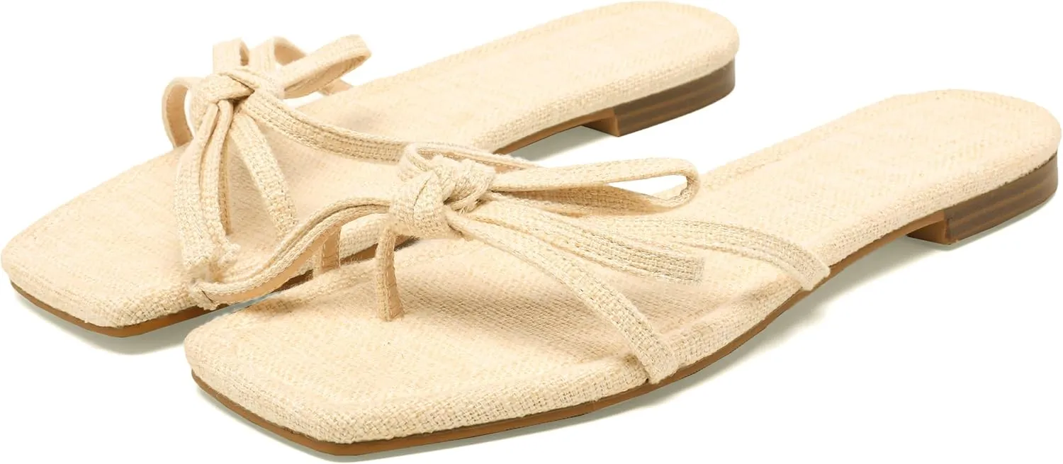 Women's Bow Flat Summer Flip Flop Sandals,Ladies brown Comfortable Square Toe Slide on Slippers Strappy Slides Trendy Dressy Casual Fancy Beach Holiday Outdoor Shoe