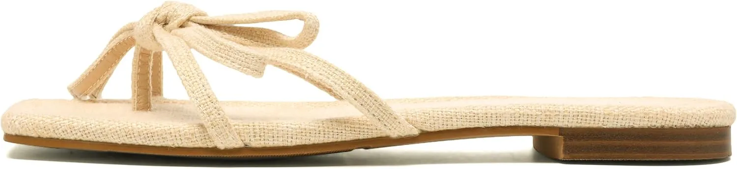Women's Bow Flat Summer Flip Flop Sandals,Ladies brown Comfortable Square Toe Slide on Slippers Strappy Slides Trendy Dressy Casual Fancy Beach Holiday Outdoor Shoe