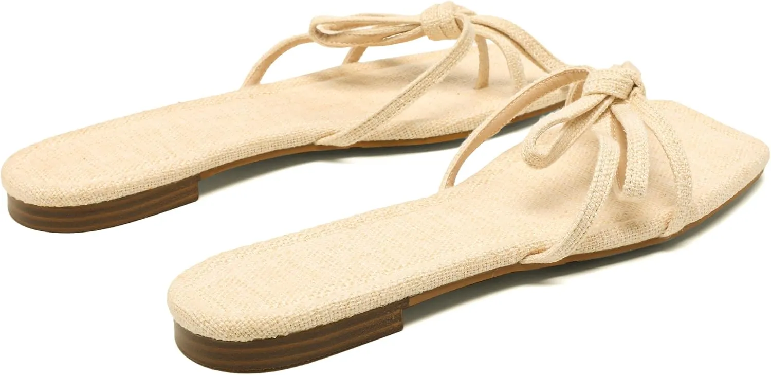Women's Bow Flat Summer Flip Flop Sandals,Ladies brown Comfortable Square Toe Slide on Slippers Strappy Slides Trendy Dressy Casual Fancy Beach Holiday Outdoor Shoe